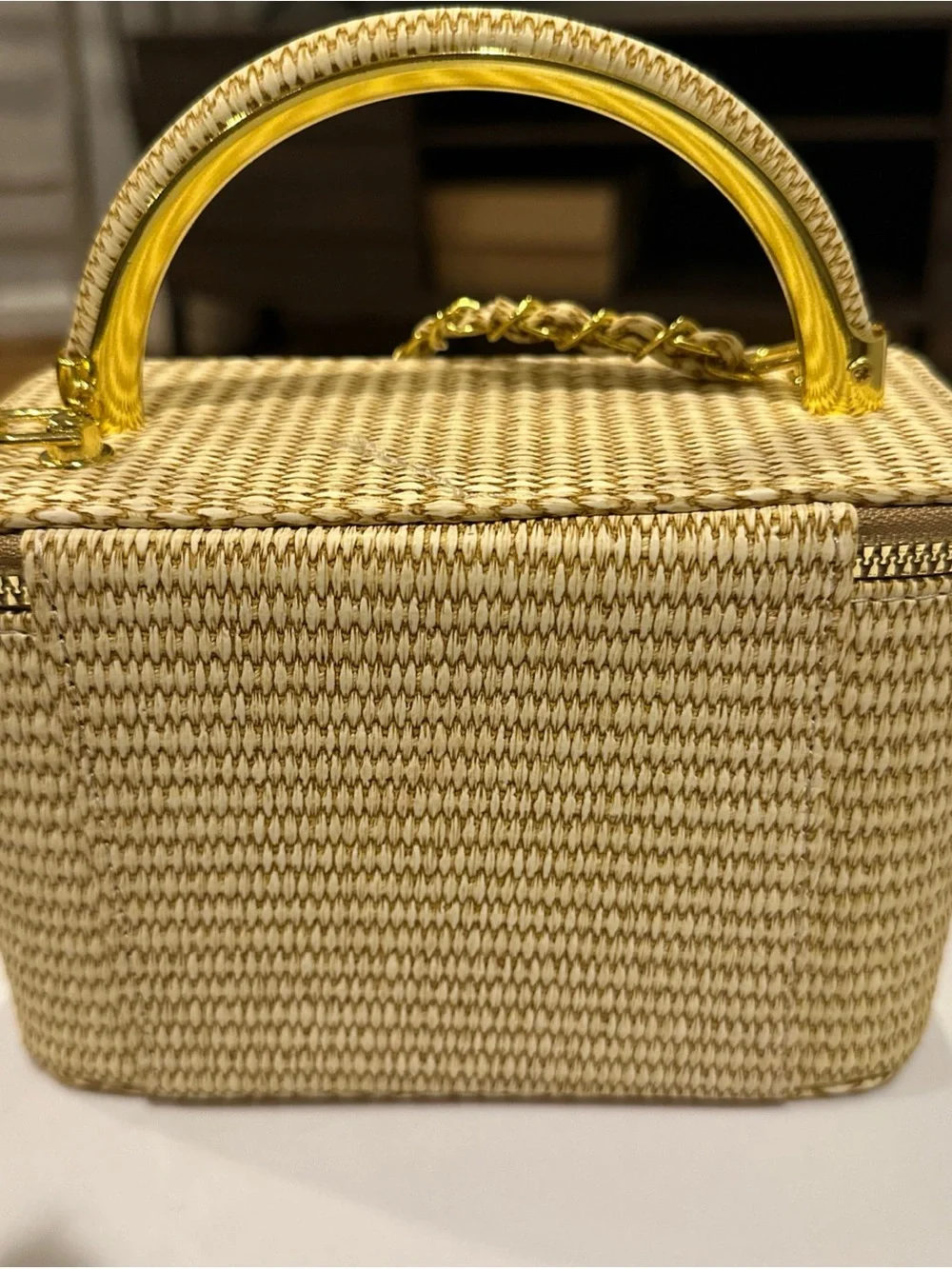 Woven Beige Crossbody Vanity Bag with Gold Handle